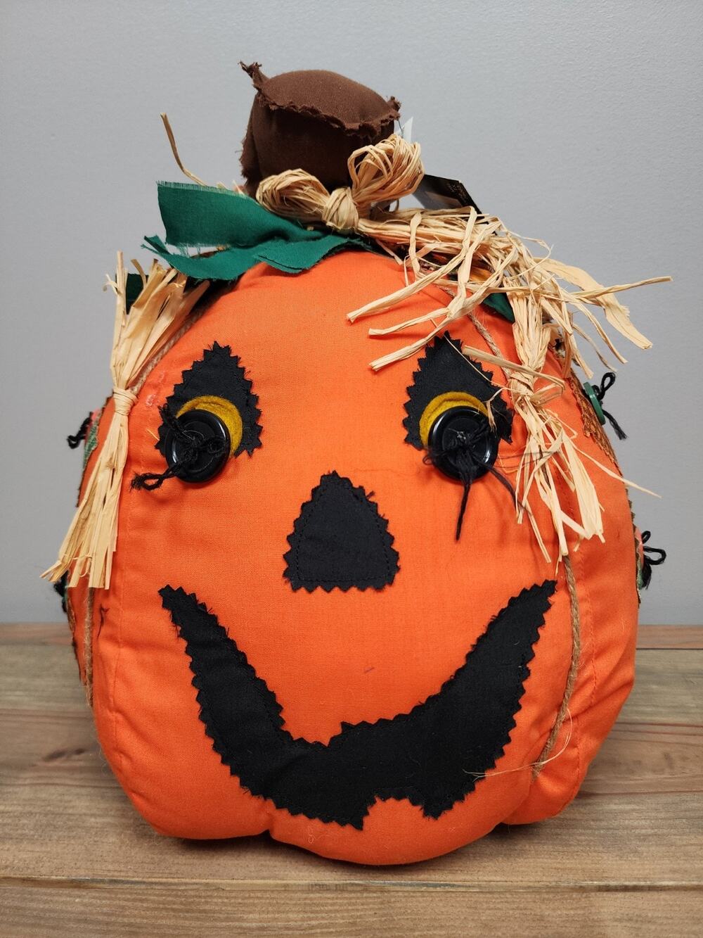 Cute N Creepy Craft Creations Stuffed Patchwork Rafia Hair Jack O Lantern Decor